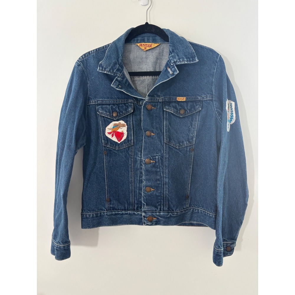 Vtg Medium Rustler Denim Trucker Jacket Western Embroidery Patches Made in USA